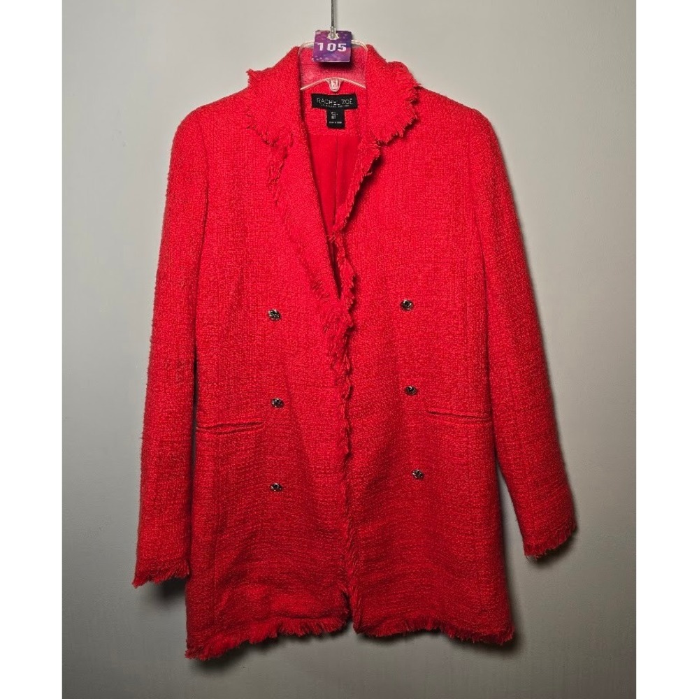 Rachel Zoe Womens Blazer Red Tweed Fringed Double Breasted Long Line Jacket S